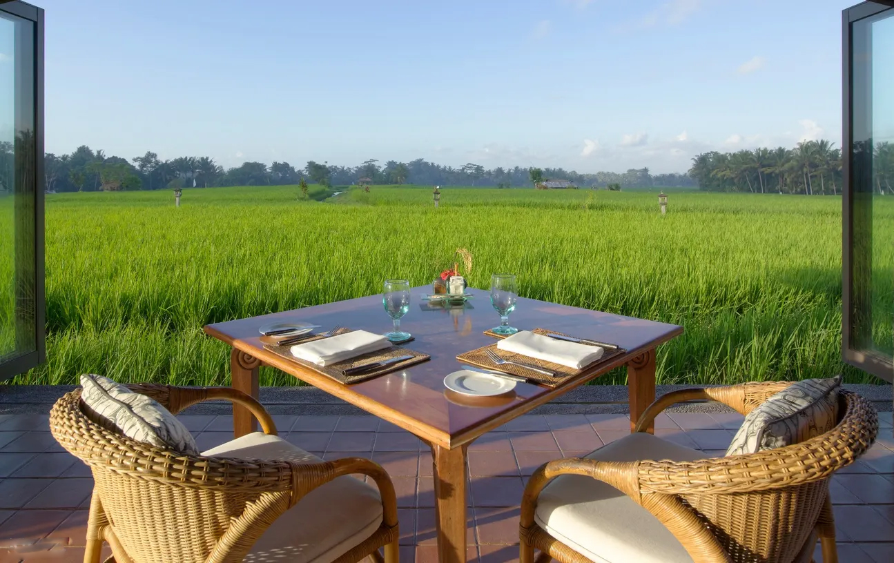 餐厅四周环绕着一望无际的绿色稻田,只需要选择一处座位,静静享用精致