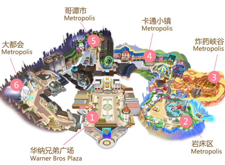 景区地图一览共有29处游乐设施,合家欢场所和现场表演共分为六大区域
